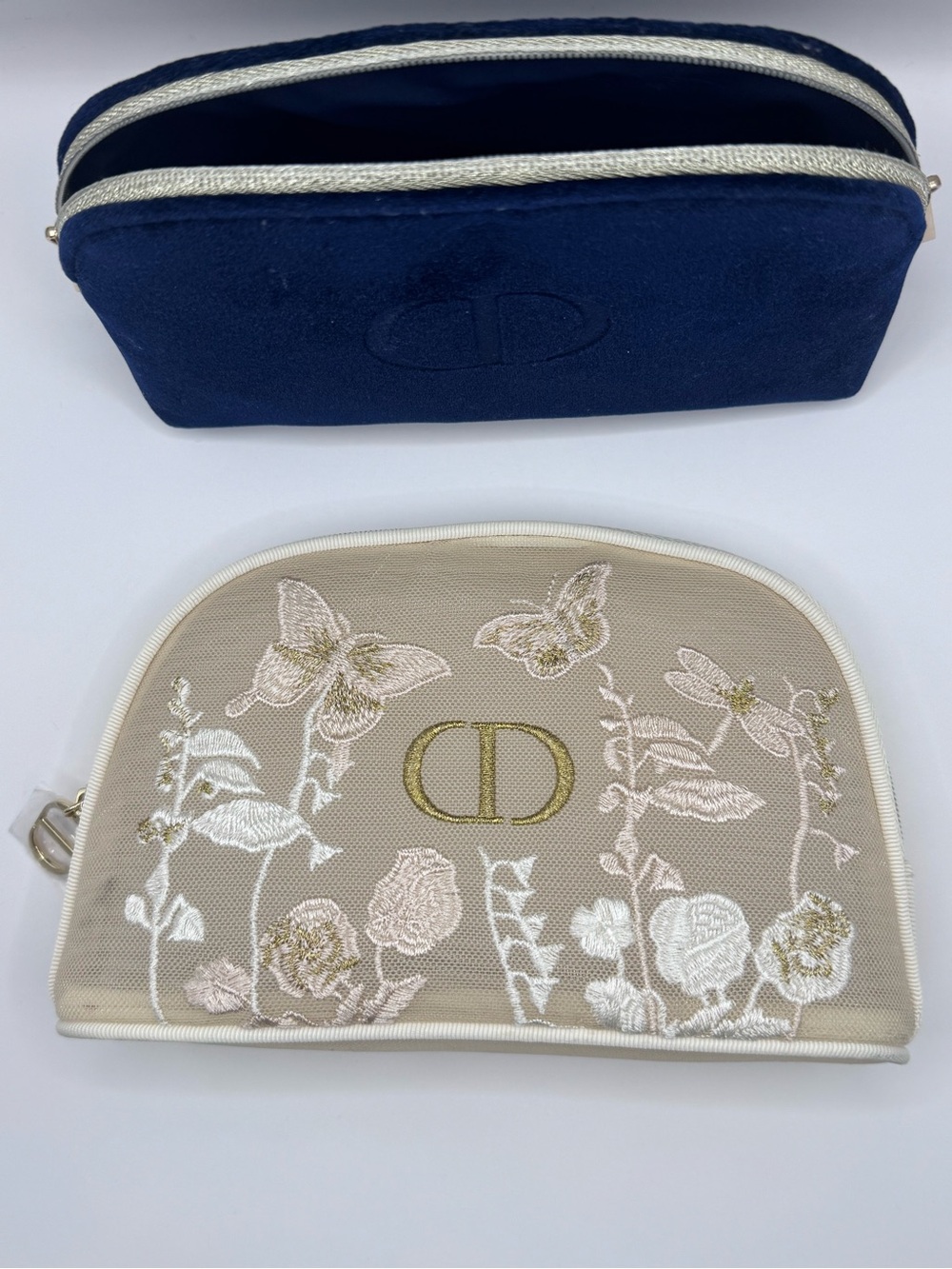 Dior Beige Embroidered Floral & Navy Blue Velvet Cosmetic Pouches - Picture 3 of 7